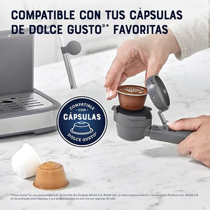 Oster Cafetera Compacta Espresso con 15 Bar y hasta 2 Espressos por Ciclo | Prepara espresso, cappuccinos y lattes, compatible con cápsulas Dolce Gusto, incluye accesorios,