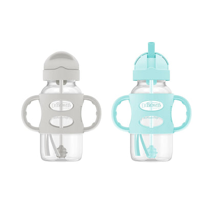 Dr. Brown's Wide-Neck Sippy Straw Bottles with Silicone Handles, Gray and Green, 9oz/270ml, 2-Pack