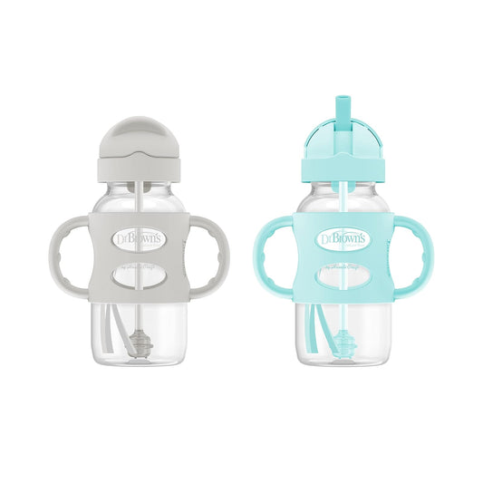 Dr. Brown's Wide-Neck Sippy Straw Bottles with Silicone Handles, Gray and Green, 9oz/270ml, 2-Pack