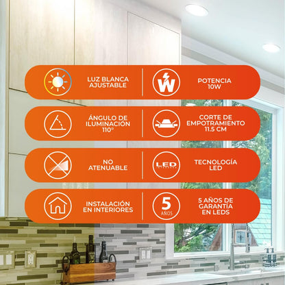 Tecnolite - Lámpara Empotrable de Techo Downlight LED 10 W, Luz Blanca Ajustable, Atenuable, Multivoltaje