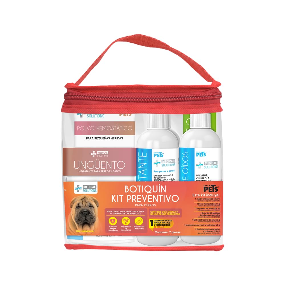 Fancy Pets MS Kit Preventivo Botiquín para Perro con 7 Piezas Jabón Antiséptico Gel Cicatrizante Limpiador de Oídos Toallitas y Desinfectante