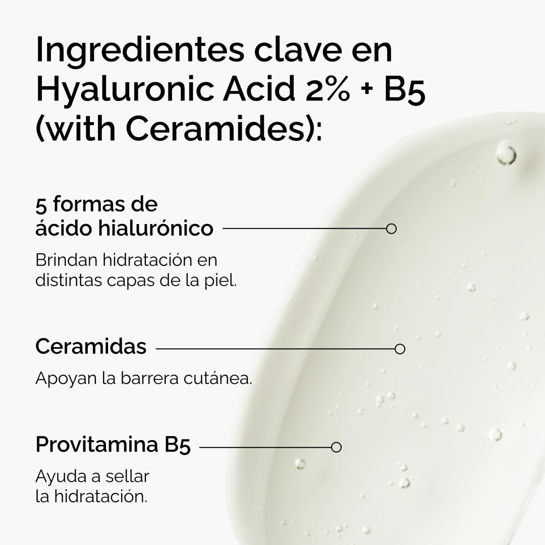 The Ordinary Hyaluronic Acid 2% + B5, Suero Hidrante con Ácido Hialurónico y Ceramidas — Suero de hidratación multiprofunda para piel más suave y con volumen, 30ml