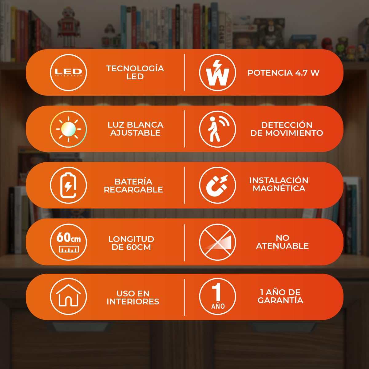 Tecnolite - Lámpara Regleta LED 4.7 W Magnética Recargable 1 m, Luz Blanca Ajustable, Sensor de Movimiento