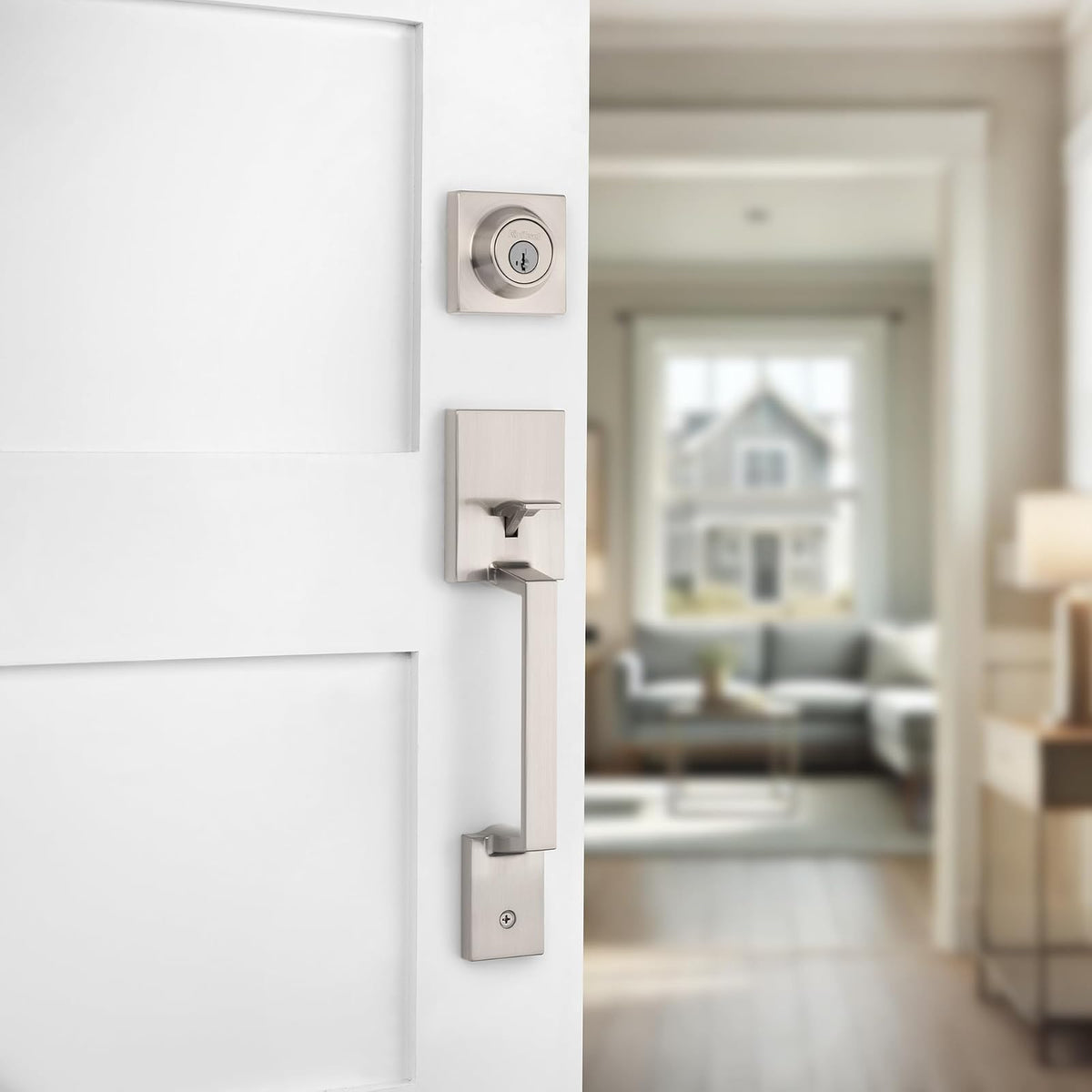 Kwikset Amador - Juego de manija y cerrojo para puerta delantera, mango de entrada exterior con palanca reversible Casey, níquel satinado, seguridad SmartKey Rekey resistente a las púas, con