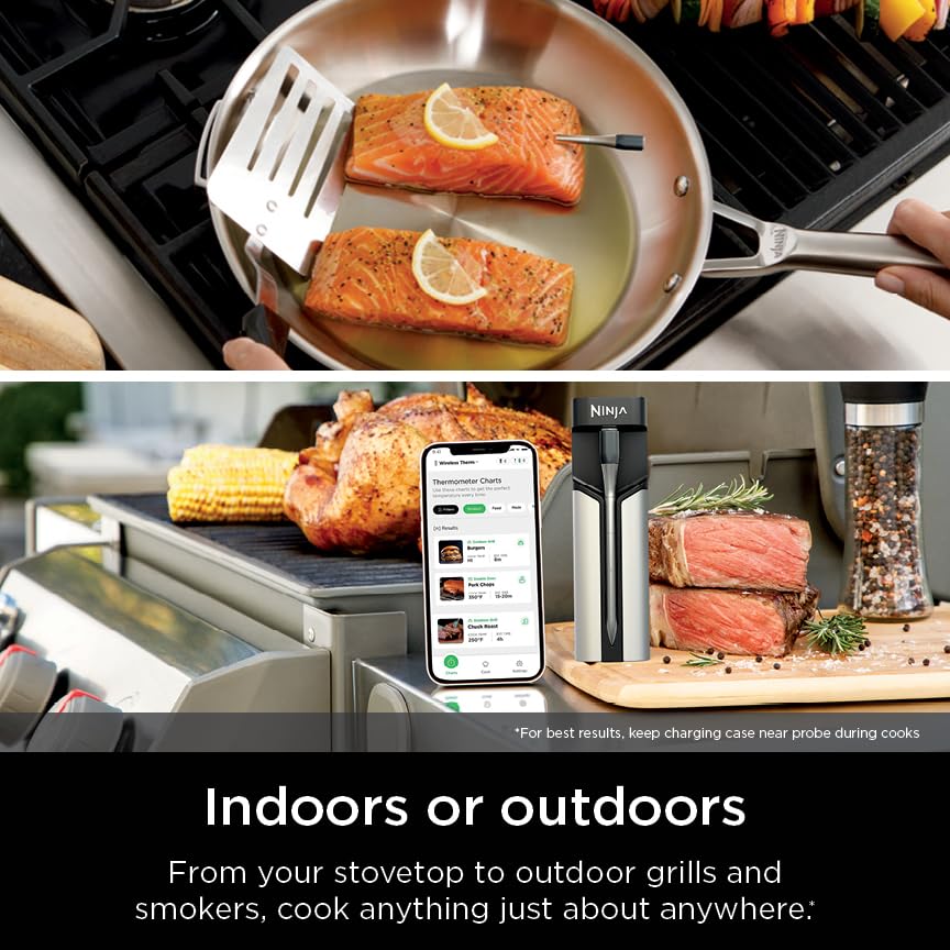 Ninja Meat Thermometer ProChef Sonda inalámbrica para freidora de aire interior y exterior, parrilla, cocina, ahumador, horno, tostador, conexión de aplicación Bluetooth de largo alcance, resistente