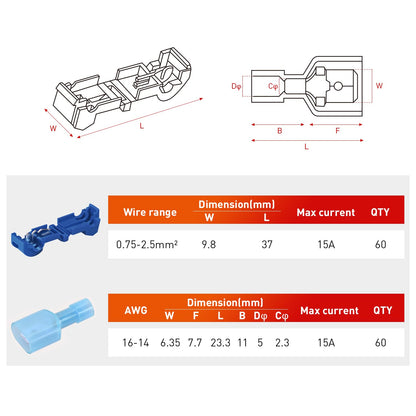 Nilight 120 pares/60 pares de terminales de cable de desconexión rápida de empalme, conectores de pala en T, color azul, 16-14 AWG macho hembra totalmente aislado, kit de crimpado autosuperable | Conectores de pala 16-14 AWG macho hembra totalmente aislad