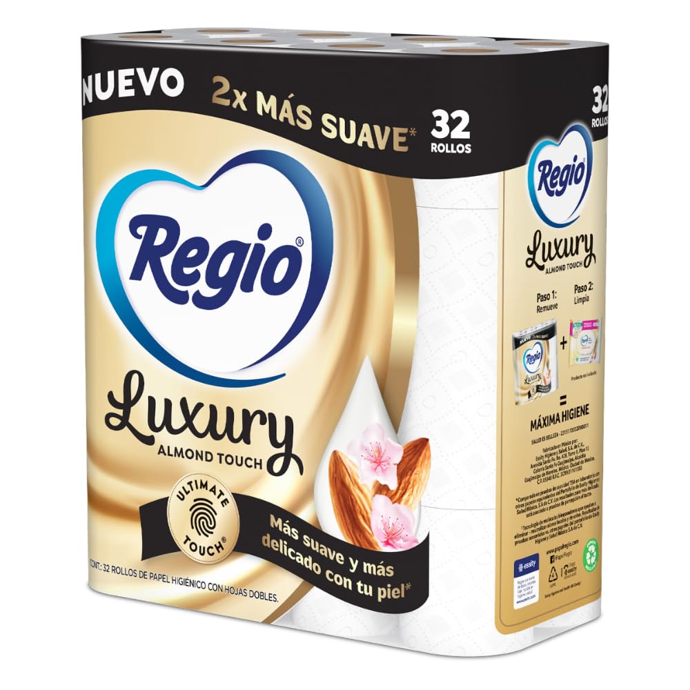 Regio Papel Higiénico Luxury Almond Touch, Ligero Aroma A Almendras Y Hojas Dobles, 32 Rollos