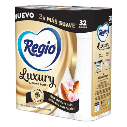 Regio Papel Higiénico Luxury Almond Touch, Ligero Aroma A Almendras Y Hojas Dobles, 32 Rollos