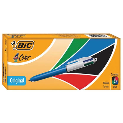 BIC, Bolígrafo de Punto Mediano, Pluma Clásica con Clip, 4 Color, Tinta Color Negro, Azul, Verde y Rojo, 6 piezas