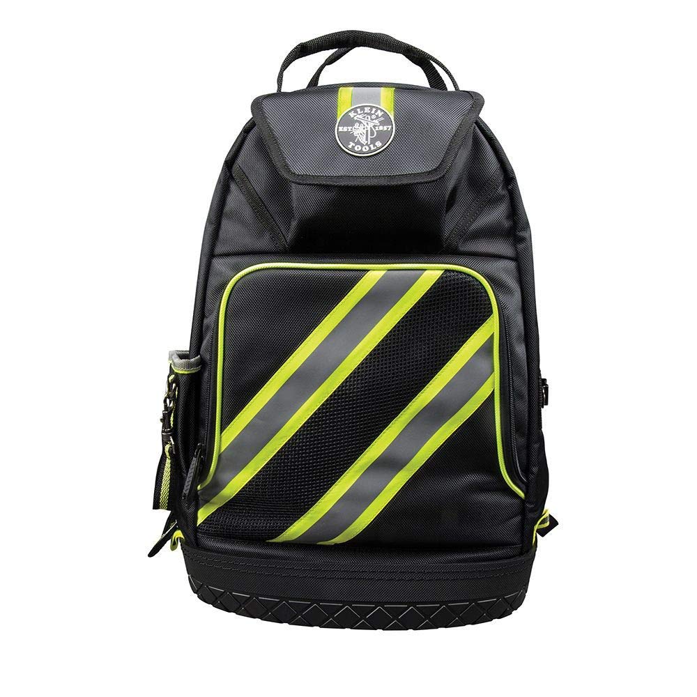 Klein Tools 55597 Mochila para bolsa de herramientas, organizador de herramientas Tradesman Pro con 39 bolsillos, reflectante de alta visibilidad, correas acolchadas para el hombro, base moldeada