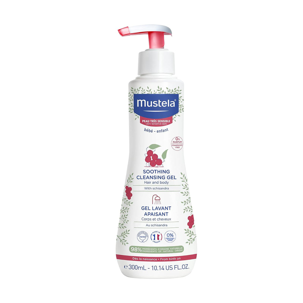 Mustela Baby Gel limpiador calmante - Gel de baño para cabello y cuerpo sin fragancia para pieles muy sensibles - con aguacate perséose natural y baya de Schizandra - 10.14 fl. onz.