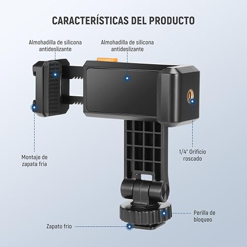 NEEWER Soporte de Trípode para Teléfono con Rosca 1/4" y Zapata Fría, 2.36"-3.54"/6-9cm 360° Giratorio Cámara Abrazadera Teléfono para iPhone 15 14 13 12 11 Pro MAX X XR Samsung S24 Ultra, SP-10