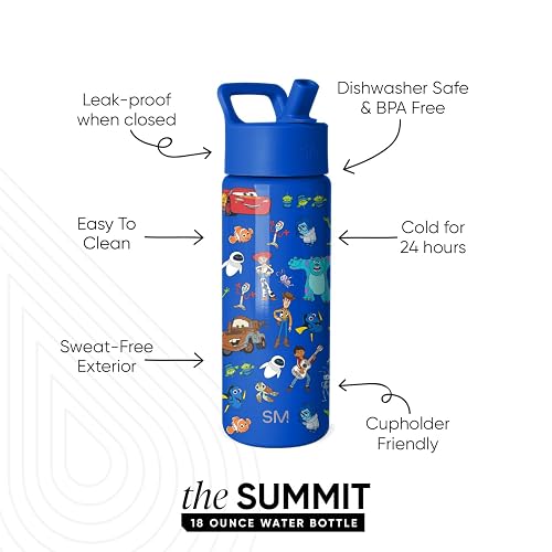 Simple Modern Summit - Botella de agua con tapa de popote, vaso de acero inoxidable aislado de 532 ml, para niños y niñas, para la escuela, collage de Disney Pixar en fondo azul