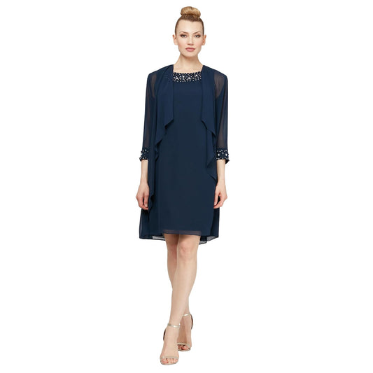 S.L. Fashions - Vestido de Gasa para Mujer con Cuello y puños