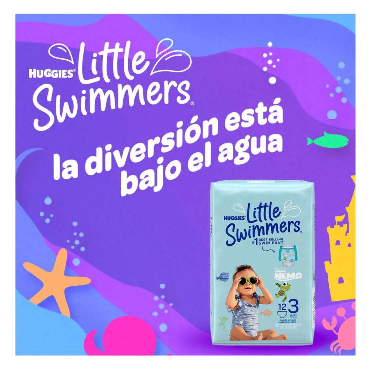 Huggies Little Swimmers Calzoncito Desechable para Nadar, Talla Chica Unisex, Ideal para bebés de 7 a 12 kg. 1 Paquete de 12 pañales (embalaje puede variar)