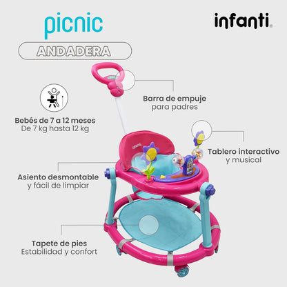 Infanti - Andadera para Bebe 3 en 1 PICNIC - Con Paseador y Juguetero Musical - Barra de Empuje - Color Rosa