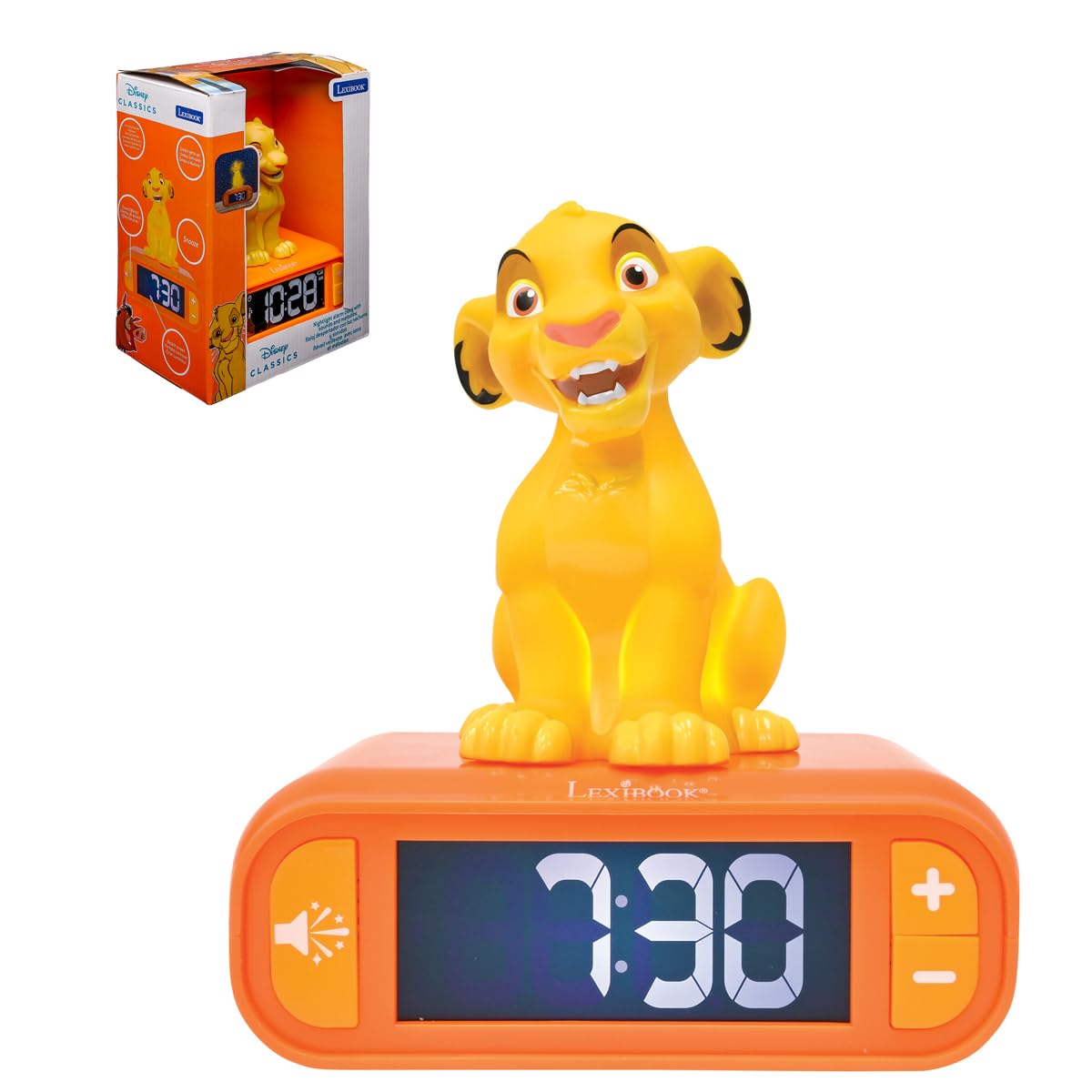 Lexibook Disney Frozen Reloj Despertador con Luz Nocturna y Sonidos, Pantalla LCD Digital - Disney El Rey León