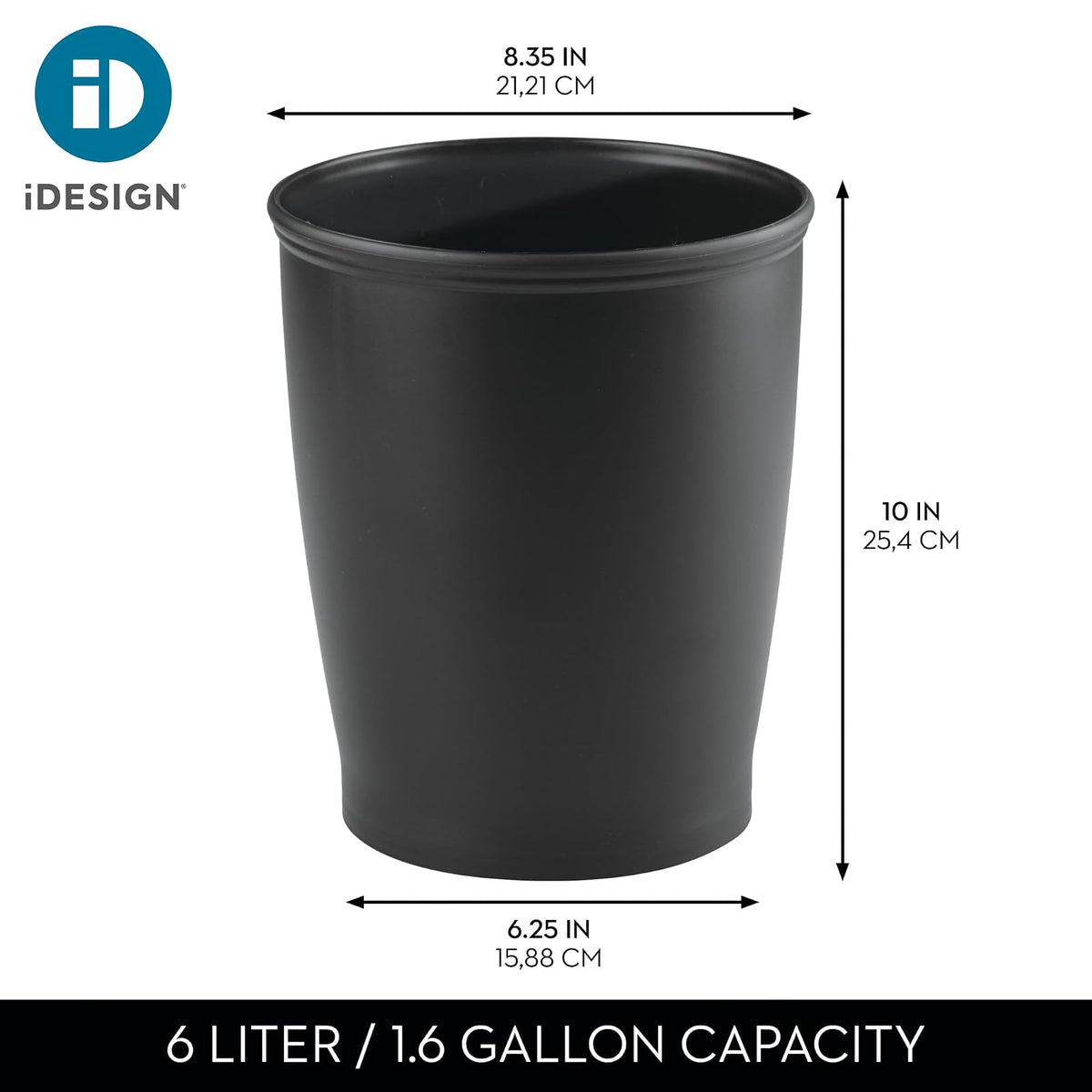 InterDesign 93437 Kent Wastebasket Trash Can for Bathroom, Kitchen, Office, Black
