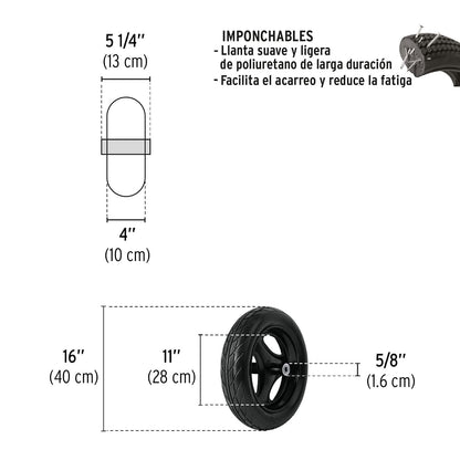 Truper RN-X, Llanta imponchable, 16" con rin, eje y baleros para carretilla