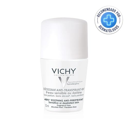 Vichy DEOS Desodorante Anti-transpirante Calmante Roll-On 48H para Piel Muy Sensible o Depilada, Fórmula Hipoalergénica sin Alcohol ni Perfume, Cuidado Anti-Irritación, 50 ml