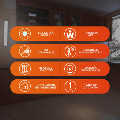 Tecnolite - Paquete de 2 Lámparas Regleta Magnética Recargable 28 cm LED 4 W, Luz de Día, Sensor de Movimiento, Luz Armario, Escalera, Closet, Cocina, Lámparas Portátiles