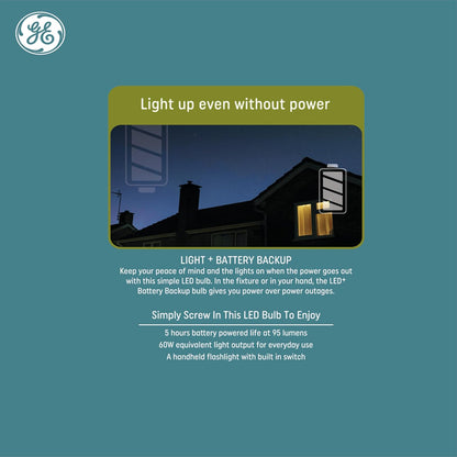 GE LED+ - Bombillas LED de batería de reserva, A21, luz de emergencia recargable para cortes de energía + linterna, blanco suave (paquete de 2)
