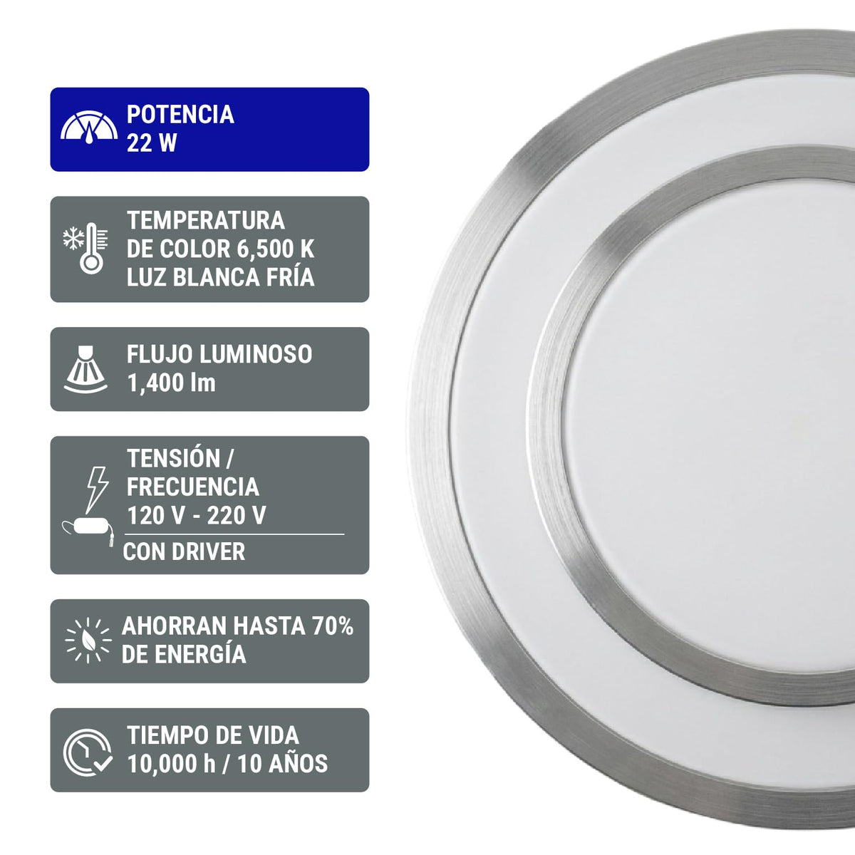 Volteck Basic PLA-704L, Luminario decorativo de LED 22 W de sobreponer tipo plafón metálico luz día