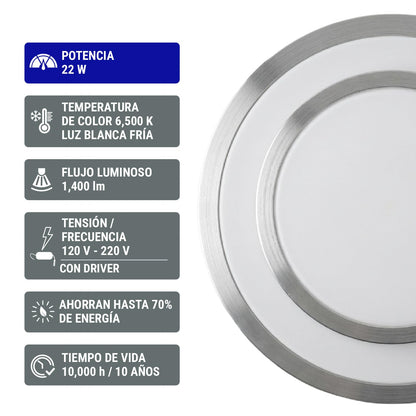 Volteck Basic PLA-704L, Luminario decorativo de LED 22 W de sobreponer tipo plafón metálico luz día