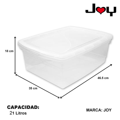 J Y Joy - Caja de Almacenamiento 21 litros, Pack de 2, para Organizar Armario, Juguetes, Ropa, con Cierre Click! y Agarraderas Reforzadas, Plástico Libre de BPA, Transparente