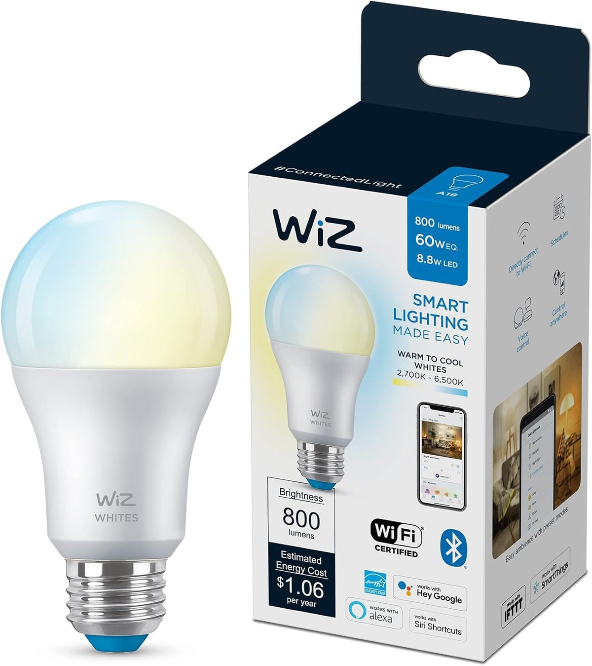WiZ Foco Inteligente A19 8.8W luz cálida a fría dimeable controlable por WiFi
