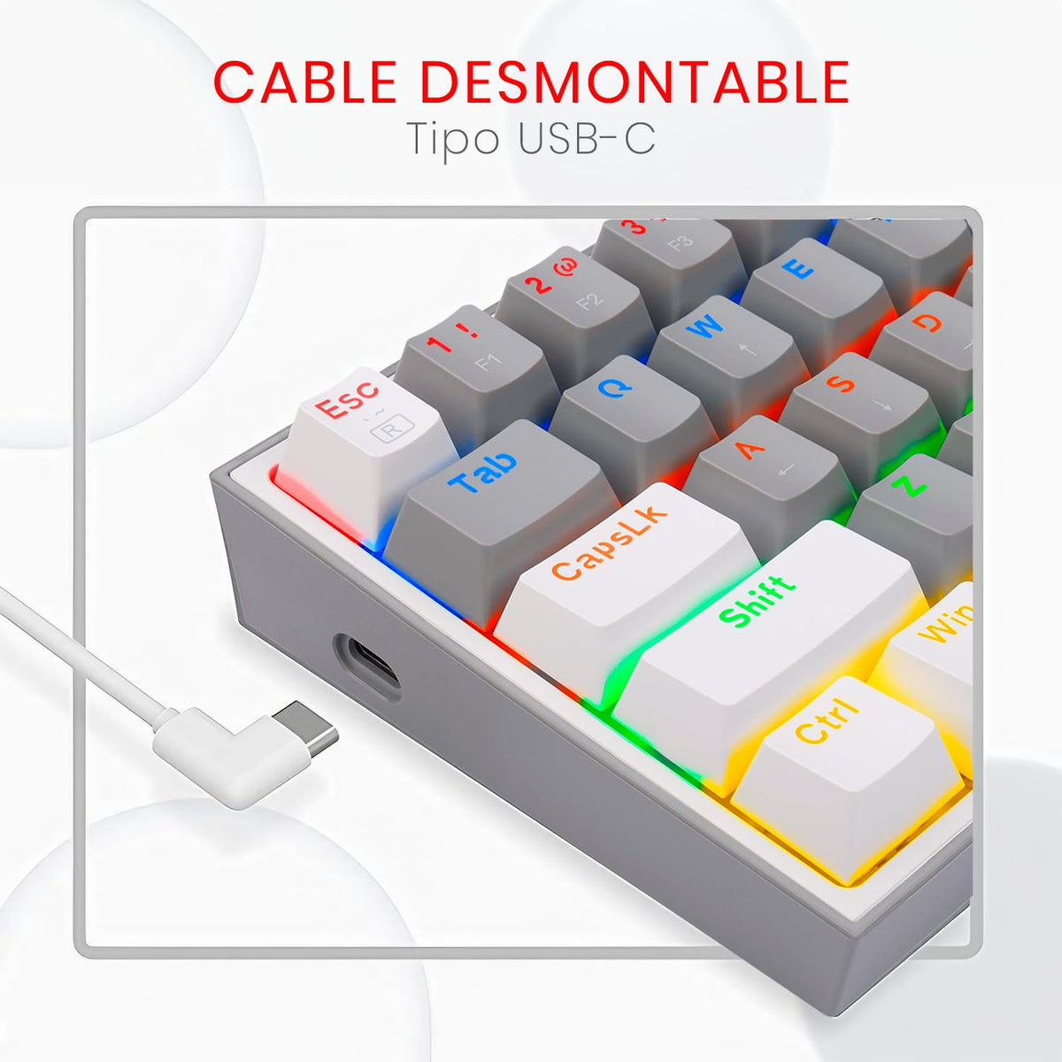 Redragon K617 Teclado Mecánico Alámbrico Gamer Rainbow en inglés, Fizz k617R, Switches Blue, Iluminación Rainbow, Anti-Ghosting Teclado Gaming Pc. (Gris/Blanco)