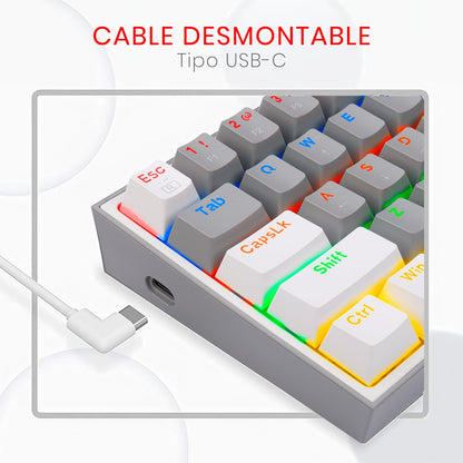 Redragon K617 Teclado Mecánico Alámbrico Gamer Rainbow en inglés, Fizz k617R, Switches Blue, Iluminación Rainbow, Anti-Ghosting Teclado Gaming Pc. (Gris/Blanco)