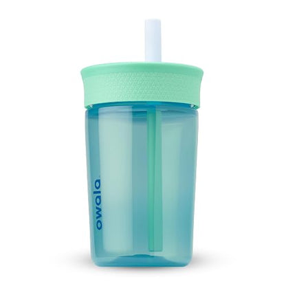 Owala - Vaso de plástico sin BPA para niños con popote flexible resistente a derrames, fácil de limpiar, botella de agua para niños, ideal para viajes, apto para lavaplatos, 15 onzas, verde azulado y