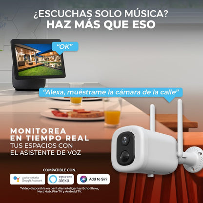 Tecnolite Connect - Cámara de Seguridad Exterior WiFi Recargable Inalámbrica con Lámpara LED 4.5 W, Visión Nocturna, Compatible con App móvil, Alexa, Google y Siri, Visión Nocturna, Monitoreo
