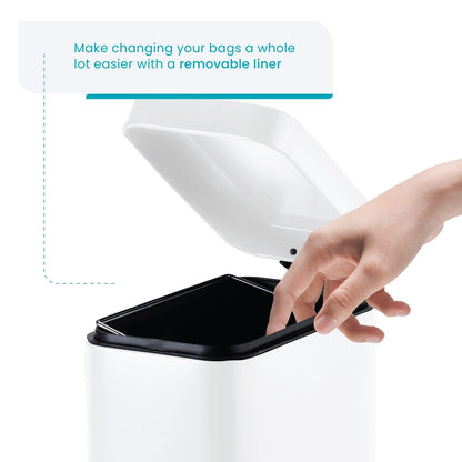 Home Zone Living - Juego de 2 cubos de basura pequeños de 1.3 galones, color blanco con tapa y pedal, papelera de acero inoxidable con diseño delgado para el hogar y la oficina, 5 litros