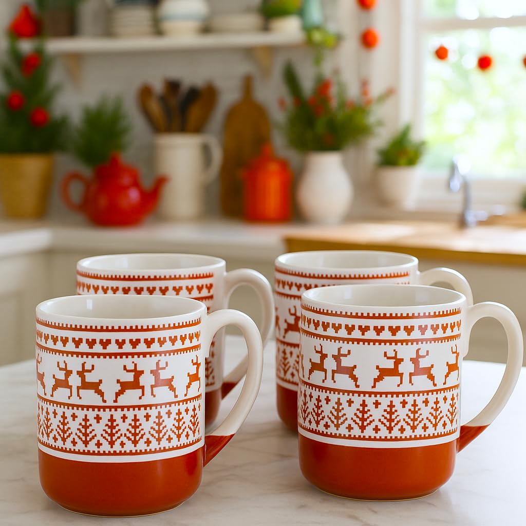 4 tazas de cerámica de renos en relieve de Strawberry Street, juego de 4 (rojo), S4MUG-XMAS