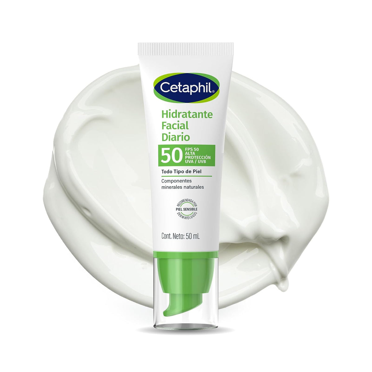 Cetaphil Hidratante Facial Diario FPS 50 Piel Sensible Mixta Grasa 50 ml | Hidrata hasta 8 h, protege contra rayos UVA/UVB y ayuda a prevenir daño por radicales libres con vitamina E y glicerina.