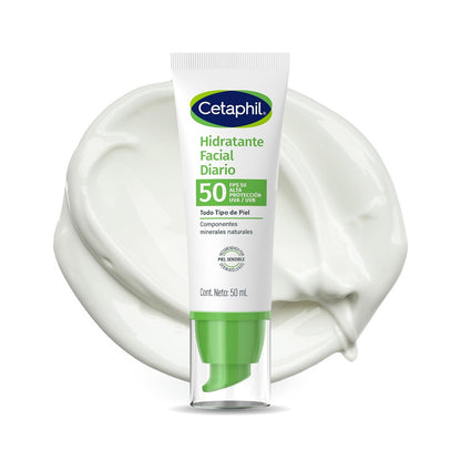 Cetaphil Hidratante Facial Diario FPS 50 Piel Sensible Mixta Grasa 50 ml | Hidrata hasta 8 h, protege contra rayos UVA/UVB y ayuda a prevenir daño por radicales libres con vitamina E y glicerina.