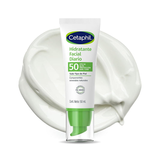 Cetaphil Hidratante Facial Diario FPS 50 Piel Sensible Mixta Grasa 50 ml | Hidrata hasta 8 h, protege contra rayos UVA/UVB y ayuda a prevenir daño por radicales libres con vitamina E y glicerina.