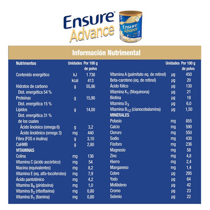 Ensure Advance Polvo Sabor Chocolate 400 g + Advance Vainilla en Polvo 400g, Alimentación Especializada