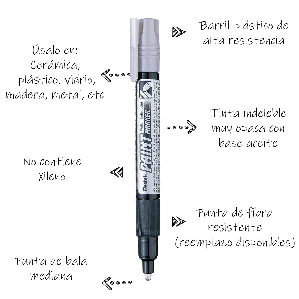 Marcador Permanente Uso Industrial Pentel Plata/12 Piezas-MMP20-Z