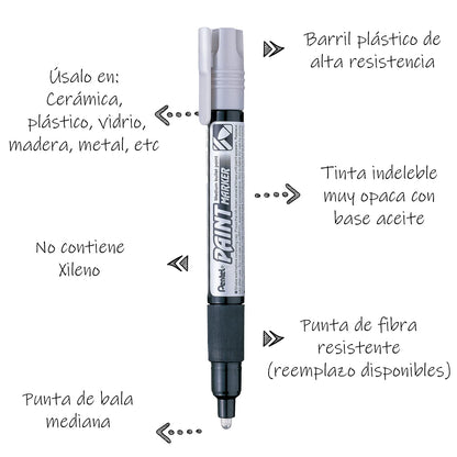 Marcador Permanente Uso Industrial Pentel Plata/12 Piezas-MMP20-Z