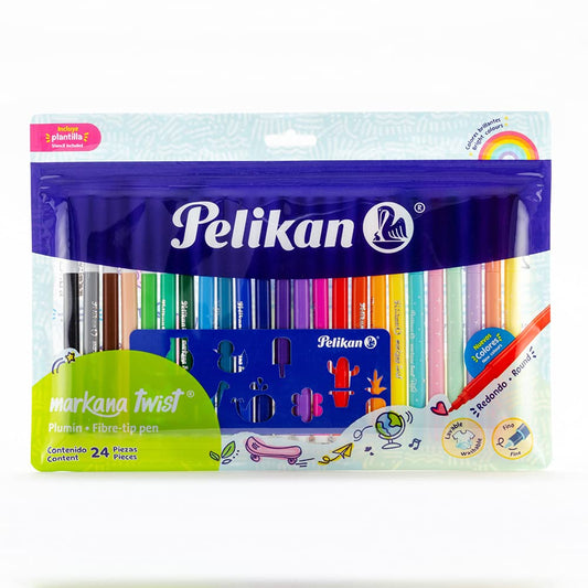 Pelikan Markana Twist, Bolsa Plástica Transparente con 24 Plumones de Punta Redonda, Colores Surtidos con Tinta a Base de Agua y Plantilla de Plástico