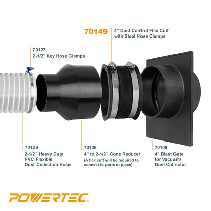 POWERTEC 70322 Reductor de 4 pulgadas a 2-1/2 pulgadas y puño flexible de control de polvo de 4 pulgadas con abrazaderas de manguera de acero inoxidable, accesorio de recogida de polvo para