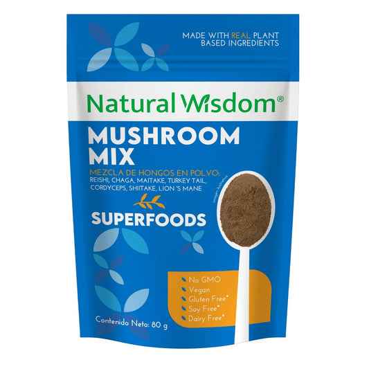 Mushroom Mix en Polvo 80g Concentración Estrés Energía | Con Hongo Melena de Leon hongo Reishi, Cordyceps, Chaga, Maitake, Shiitake y Cola de Pavo | Suplemento Natural Wisdom