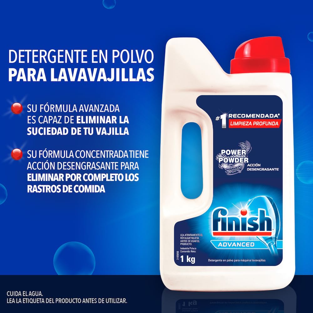 Finish® Power Powder, Detergente para lavavajillas en polvo, Paquete de 2, 1Kg c/u