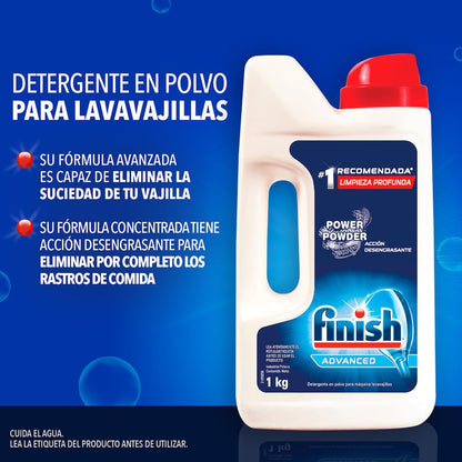 Finish® Power Powder, Detergente para lavavajillas en polvo, Paquete de 2, 1Kg c/u