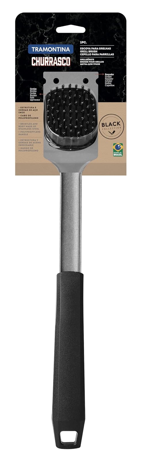 Tramontina - Cepillo para Limpiar Parrillas Churrasco Black, de Acero Inoxidale y con Mango de Polipropileno Negro, Cuidado del Grill, con Raspador, Tamaño de 40,2 cm