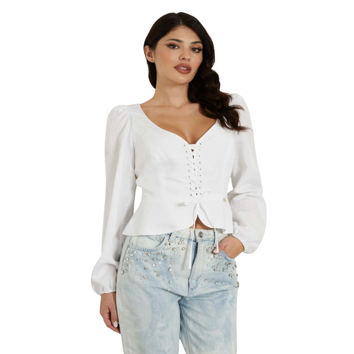 LS FEDERICA LACE UP TOP GUESS, BLANCO, L