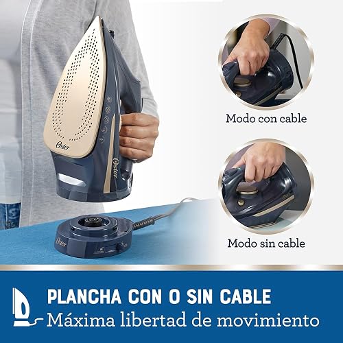 Oster® Plancha de Vapor Inalámbrica 2 en 1, Suela de Cerámica, Apagado Automático, Golpe de Vapor, Anti-Cal, Autolimpieza, Antigoteo, Vapor Vertical, 2200W, Azul, GCSTCC5000
